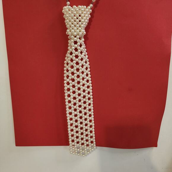 Vintage Faux Pearl Beaded Tie Necklace Statement Jewelry Runway Disco w/ Box - Picture 1 of 12